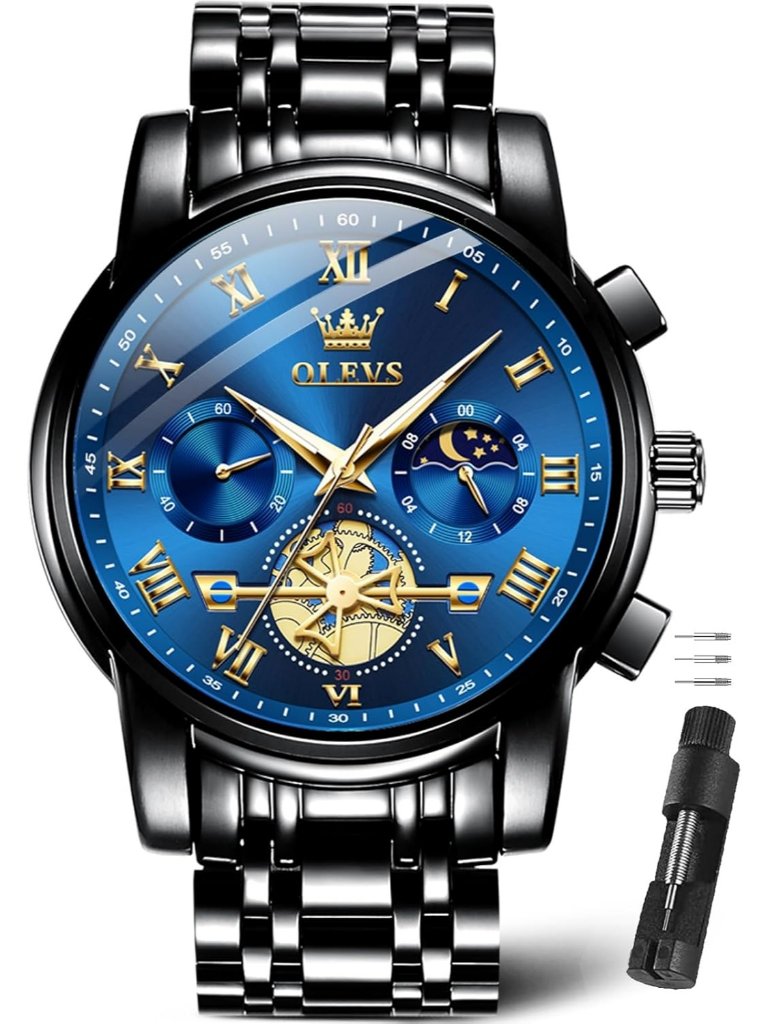 Men's Black Blue Luxury Stainless Chronograph Analog Quartz Waterproof Watch